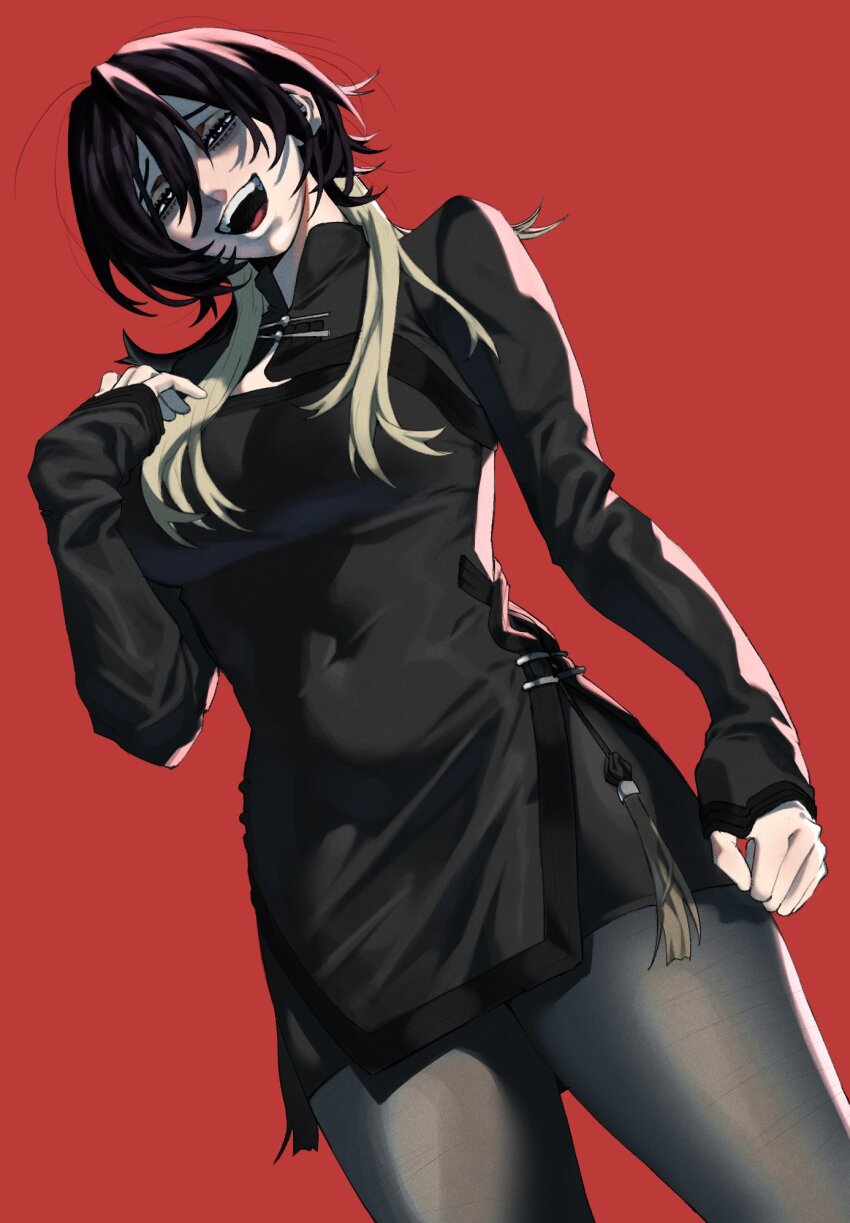 1girl, 6_latecalls, artist_collaboration, artukolatte, black_dress, black_hair, blonde_hair, breasts