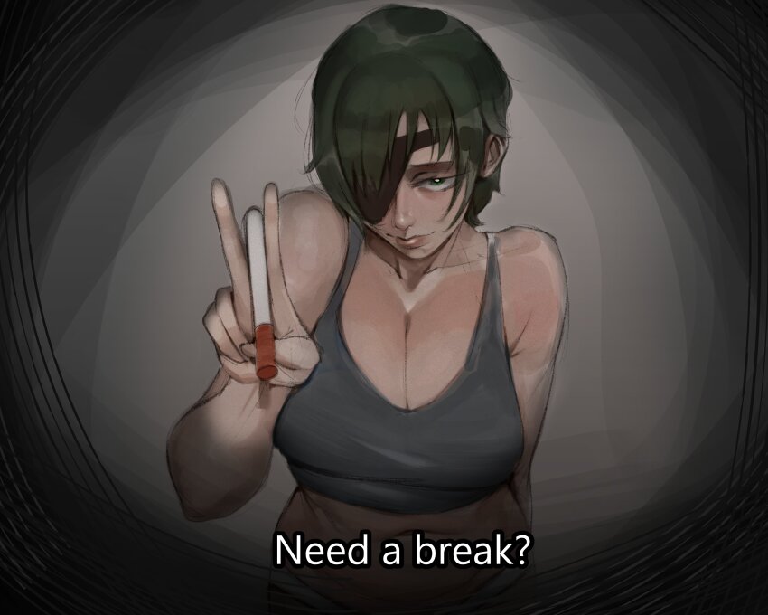 1girl, 6_latecalls, absurdres, bare_shoulders, breasts, chainsaw_man, cigarette, cleavage, cropped_legs, eyepatch, green_eyes, green_hair, grey_tank_top, highres, himeno_(chainsaw_man), holding, holding_cigarette, lips, looking_at_viewer, medium_breasts, simple_background, solo, standing, tank_top