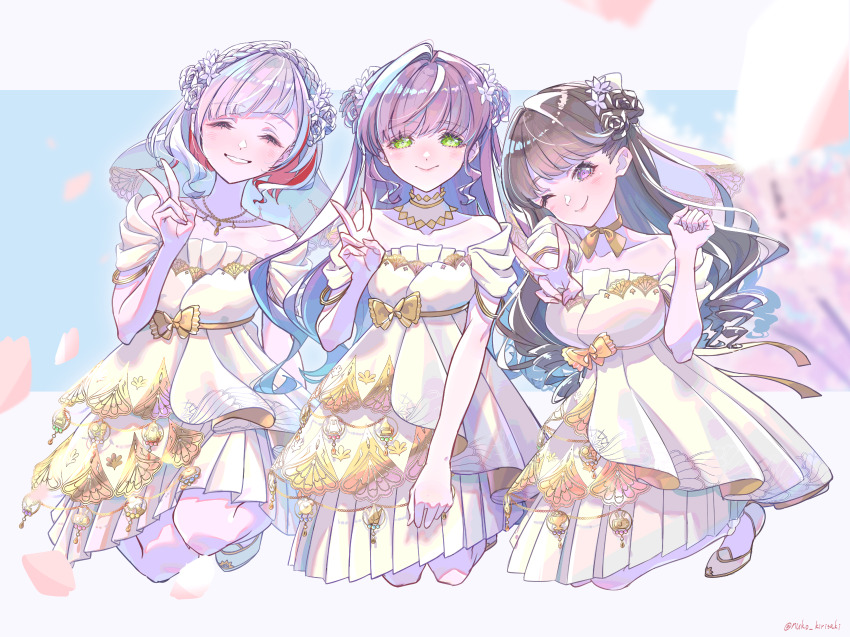 3girls, 4th_live_dream_~bloom_the_dream_believers~, ;), ^_^, absurdres, blue_sky, breasts, brown_hair