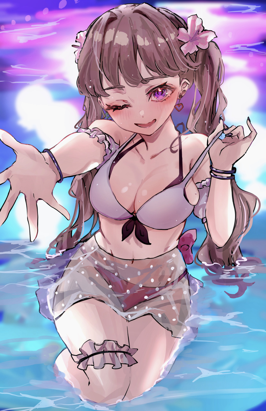 1girl, ;d, absurdres, alternate_costume, bikini, black_bikini, black_nails, blush