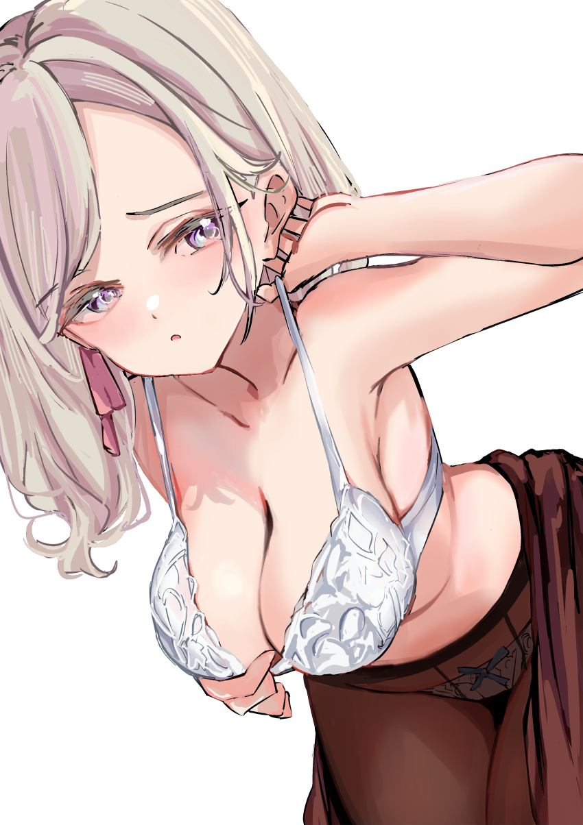 1girl, absurdres, arm_up, bare_shoulders, bent_over, blue_bow, blue_eyes, bow, bow_panties, bra, bra_tug, breasts, brown_dress, brown_pantyhose, ceras_yanagida_lilienfeld, cleavage, collarbone, dress, embarrassed, grey_hair, hair_ribbon, hasu_no_sora_school_uniform, highres, jin_(oihlf), kneeling, large_breasts, link!_like!_love_live!, long_hair, love_live!, panties, panties_under_pantyhose, pantyhose, parted_lips, pink_ribbon, ribbon, school_uniform, solo, swept_bangs, underwear, virtual_youtuber, white_bra, white_panties, winter_uniform