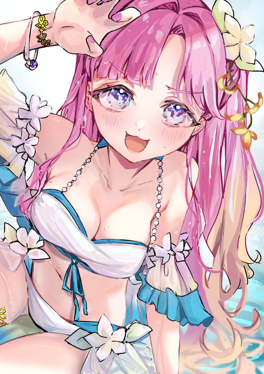 1girl, :3, :d, absurdres, anyoji_hime, bikini, blonde_hair, blue_bikini, blue_eyes, blunt_bangs, breasts, claw_pose, cleavage, cowboy_shot, flower, flower-trimmed_sleeves, flower_trim, frilled_bikini, frills, front-tie_bikini_top, front-tie_top, gluteal_fold, gradient_hair, hair_flower, hair_intakes, hair_ornament, highres, jin_(oihlf), layered_bikini, link!_like!_love_live!, long_hair, love_live!, medium_breasts, multicolored_hair, navel, off-shoulder_bikini, off_shoulder, official_alternate_costume, one_side_up, open_mouth, passion!!!!!!_(love_live!), pink_hair, pink_nails, plumeria, sidelocks, smile, solo, stomach, swept_bangs, swimsuit, very_long_hair, virtual_youtuber, white_bikini, white_flower, yellow_flower