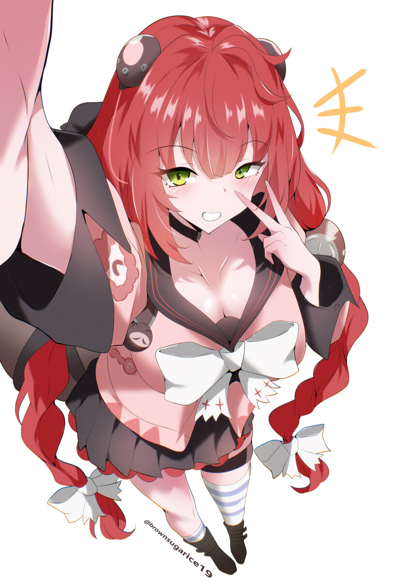 1girl, absurdres, black_choker, black_shirt, black_skirt, blush, braid, breasts