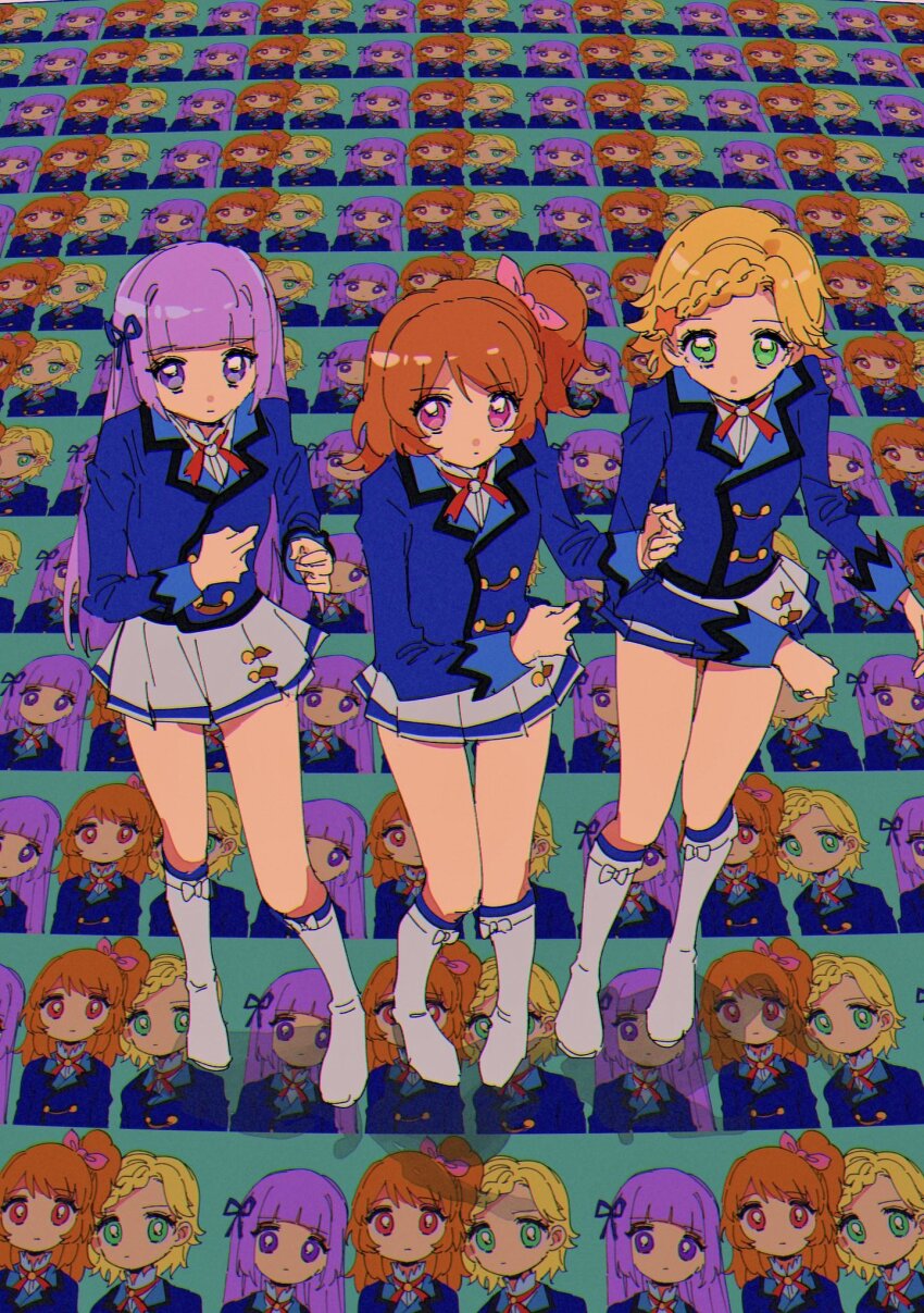 3girls, aikatsu!, aikatsu!_(series), blonde_hair, blue_jacket, blue_ribbon, blunt_bangs, boots