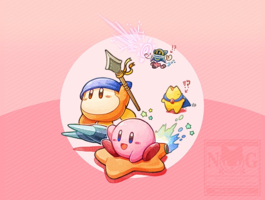 !?, bandana, bandana_waddle_dee, blue_bandana, blue_cape, blush_stickers, cape, colored_skin