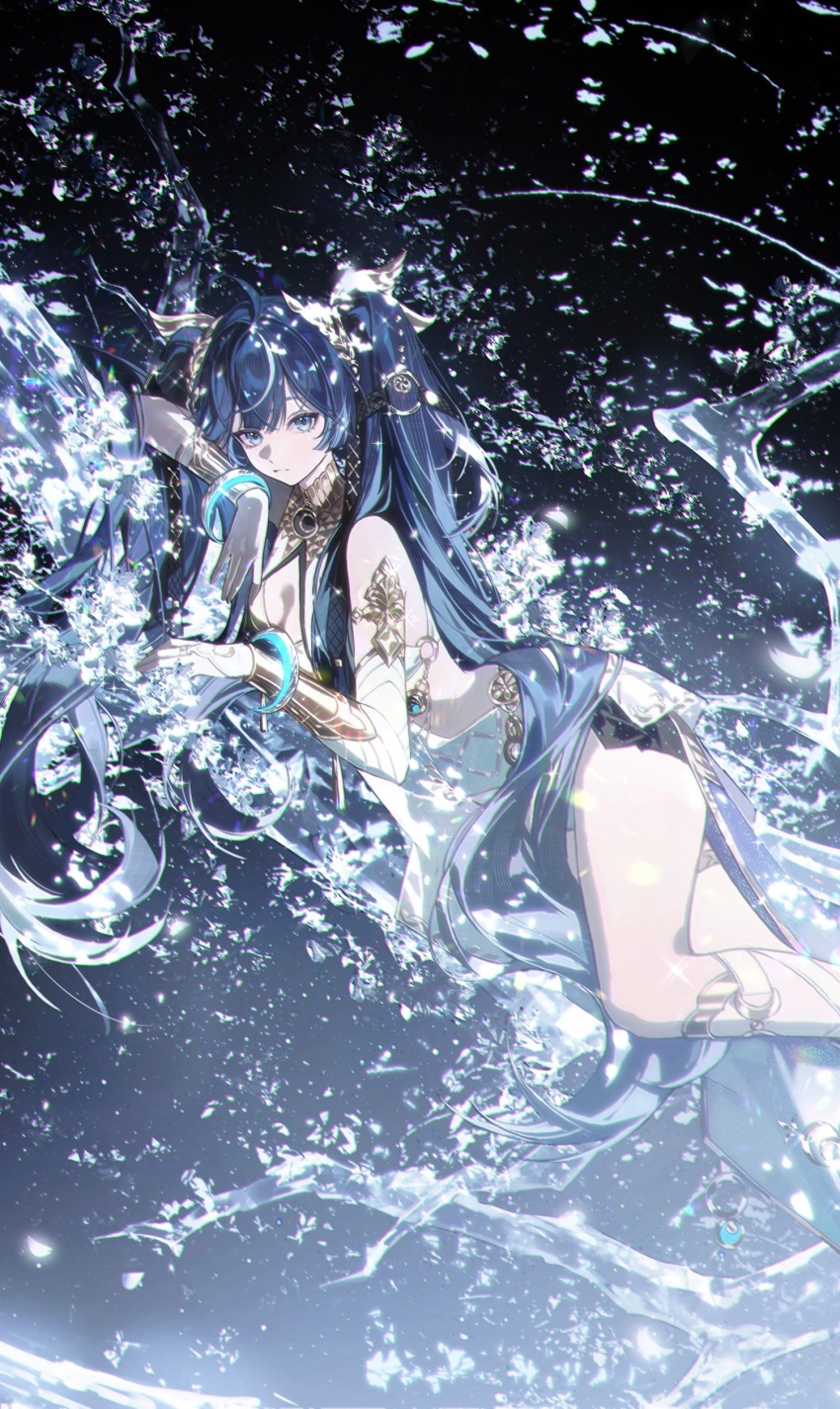 1girl, absurdres, ahoge, ancient_greek_clothes, armlet, bare_shoulders, black_skirt, blue_eyes