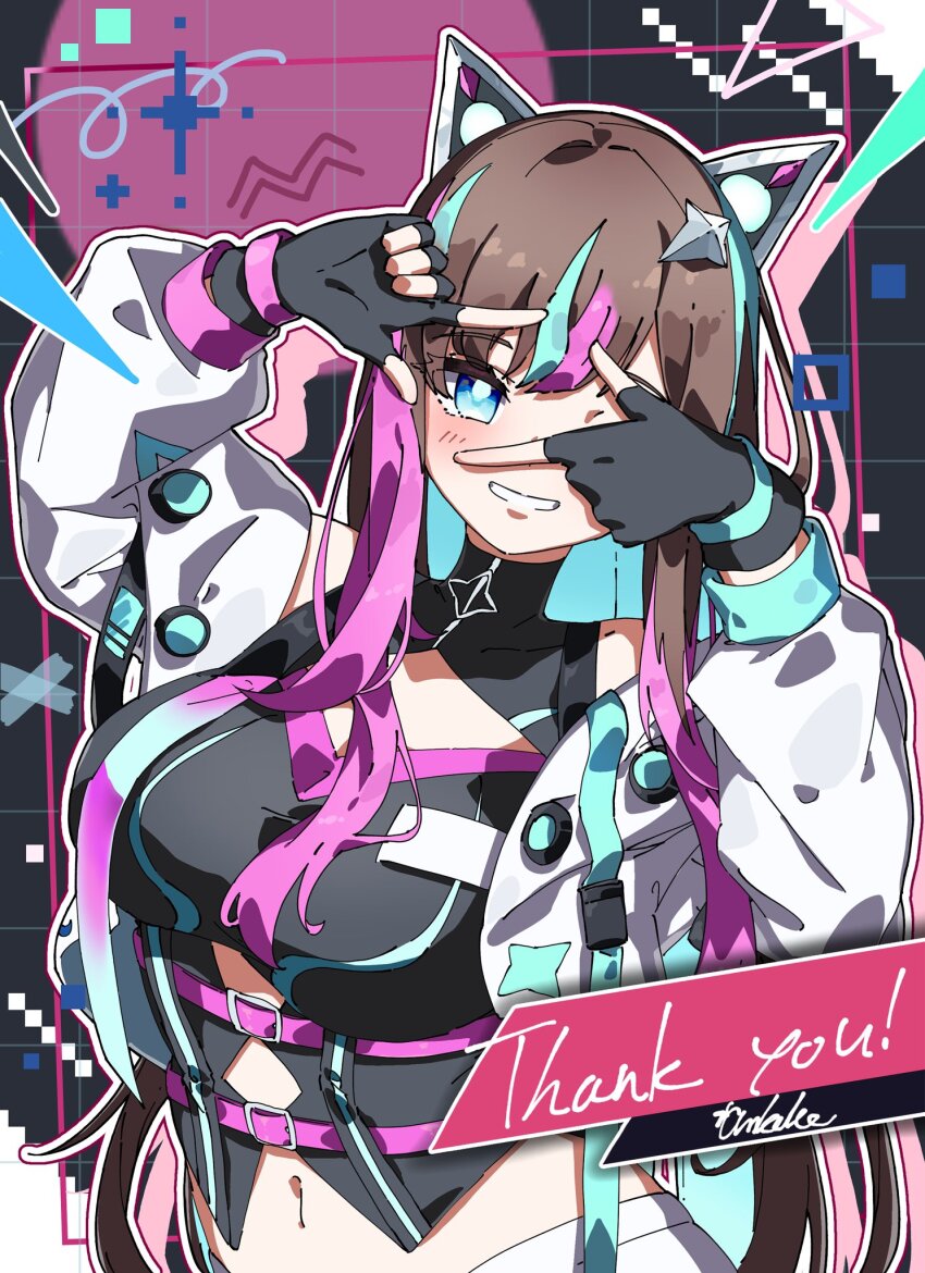 aishii_ai, animal_ears, ankaketomato, aqua_eyes, aqua_hair, black_background, breasts, brown_hair, cat_ears, coat, english_text, fake_animal_ears, finger_frame, fingerless_gloves, gloves, hair_ornament, hair_streaks, hairpin, highres, large_breasts, long_hair, looking_at_viewer, multicolored_hair, navel, pink_hair, pixels, smile, virtual_youtuber, white_coat