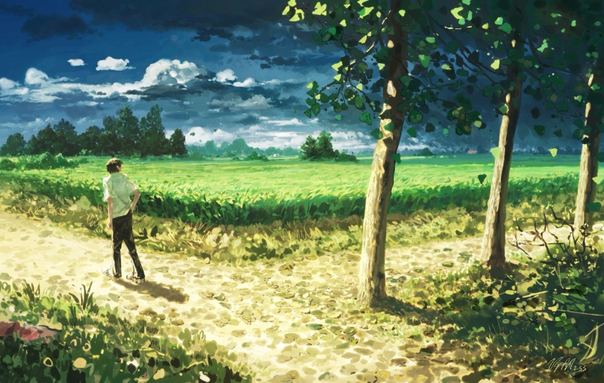 1boy, absurdres, black_hair, black_pants, cloud, cloudy_sky, commentary_request, feitu233