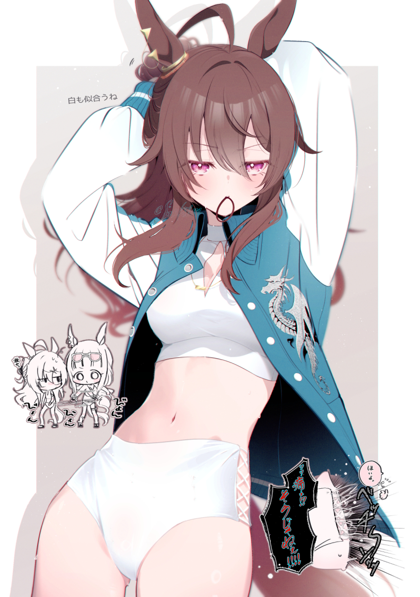 2girls, adjusting_hair, alternate_costume, animal_ears, brown_hair, character_request, dragon_print, glasses, highres, horse_ears, horse_girl, horse_tail, kobara_suita, multiple_girls, nakayama_festa_(umamusume), navel, swimsuit, tail, translation_request, umamusume