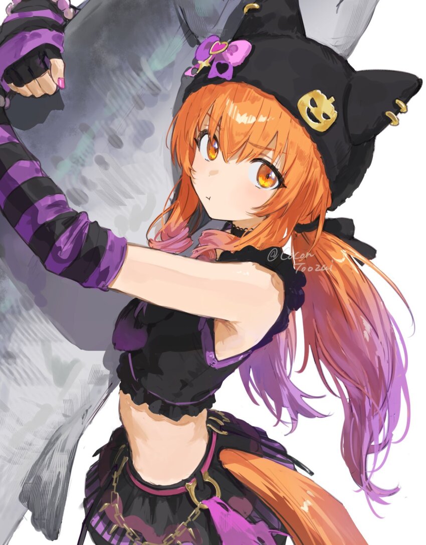 1girl, animal, animal_ears, arm_warmers, black_hat, black_shirt, black_skirt, blush, cocontoozai, commentary_request, fish, hair_between_eyes, hat, highres, holding, holding_animal, holding_fish, horse_girl, horse_tail, long_hair, looking_at_viewer, low_ponytail, mayano_top_gun_(rockin'_mewmeow)_(umamusume), mayano_top_gun_(umamusume), official_alternate_costume, official_alternate_hairstyle, orange_eyes, orange_hair, ponytail, pout, purple_arm_warmers, purple_nails, revision, shirt, skirt, sleeveless, sleeveless_shirt, solo, striped_arm_warmers, tail, umamusume