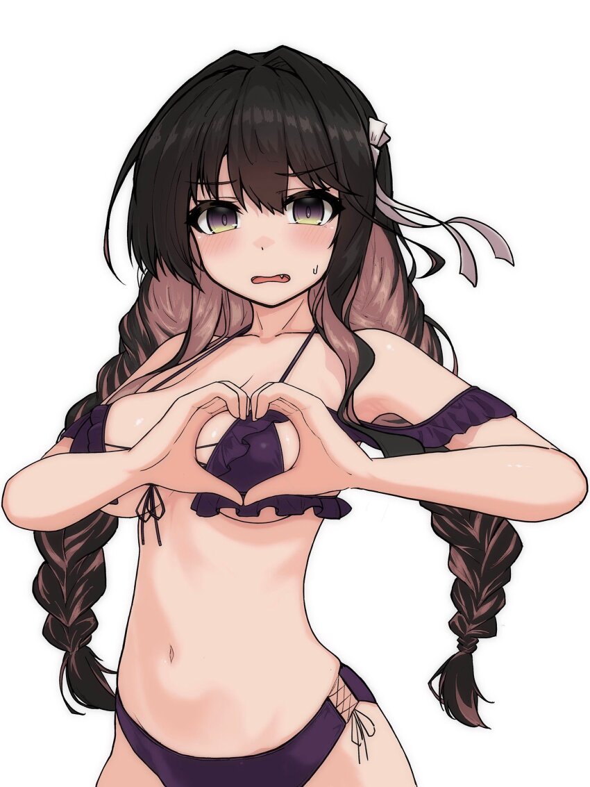 1girl, bikini, black_bikini, black_hair, braid, breasts, cowboy_shot, criss-cross_straps, embarrassed, frilled_bikini, frills, front-tie_bikini_top, front-tie_top, hairband, heart, heart-shaped_boob_challenge, heart_hands, highres, kantai_collection, kinakomochi_(testament05), large_breasts, long_hair, low_twin_braids, multicolored_hair, naganami_(kancolle), naganami_kai_ni_(kancolle), naganami_kai_ni_(swimsuit)_(kancolle), open_mouth, pink_hair, simple_background, solo, swimsuit, twin_braids, two-tone_hair, wavy_hair, white_background, white_hairband