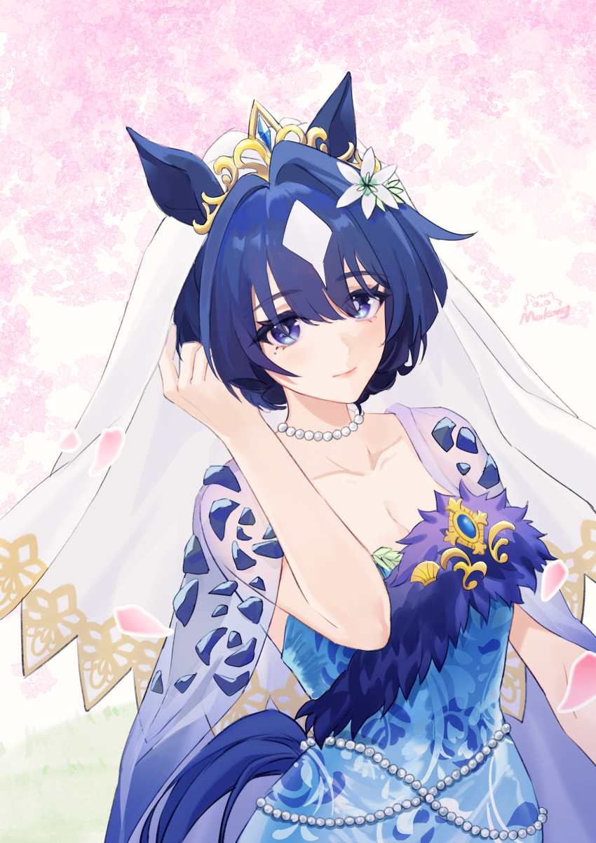 1girl, absurdres, animal_ears, blue_dress, bridal_veil, bride, collarbone, dress