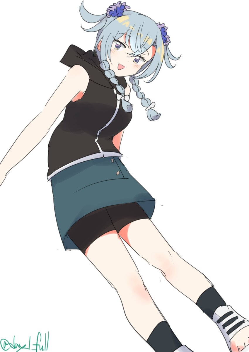 1girl, absurdres, bike_shorts, black_jacket, braid, feet_out_of_frame, grey_eyes, grey_hair