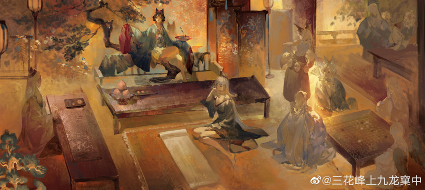 3girls, 6+boys, abe_no_seimei_(onmyoji), absurdres, animal_ears, aoandon, barefoot, black_hair