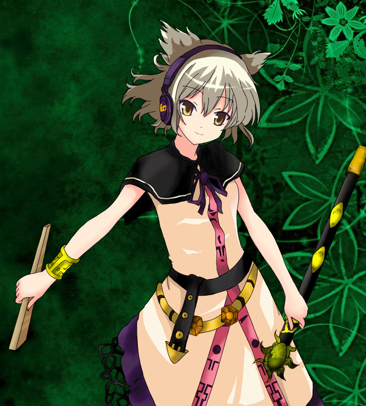 1girl, bracelet, female_focus, gradient_background, grey_hair, headphones, japanese_clothes, jewelry