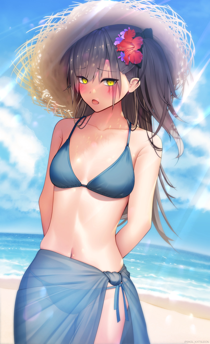 1girl, 45sensei, alternate_breast_size_(larger), alternate_costume, arms_behind_back, beach, bikini, black_bow