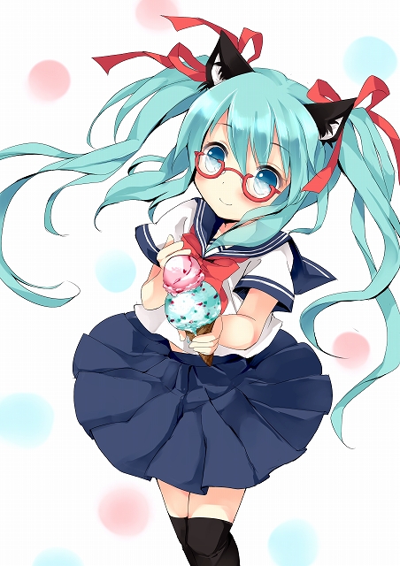 1girl, aqua_eyes, aqua_hair, bespectacled, female_focus, food, glasses, hair_ribbon