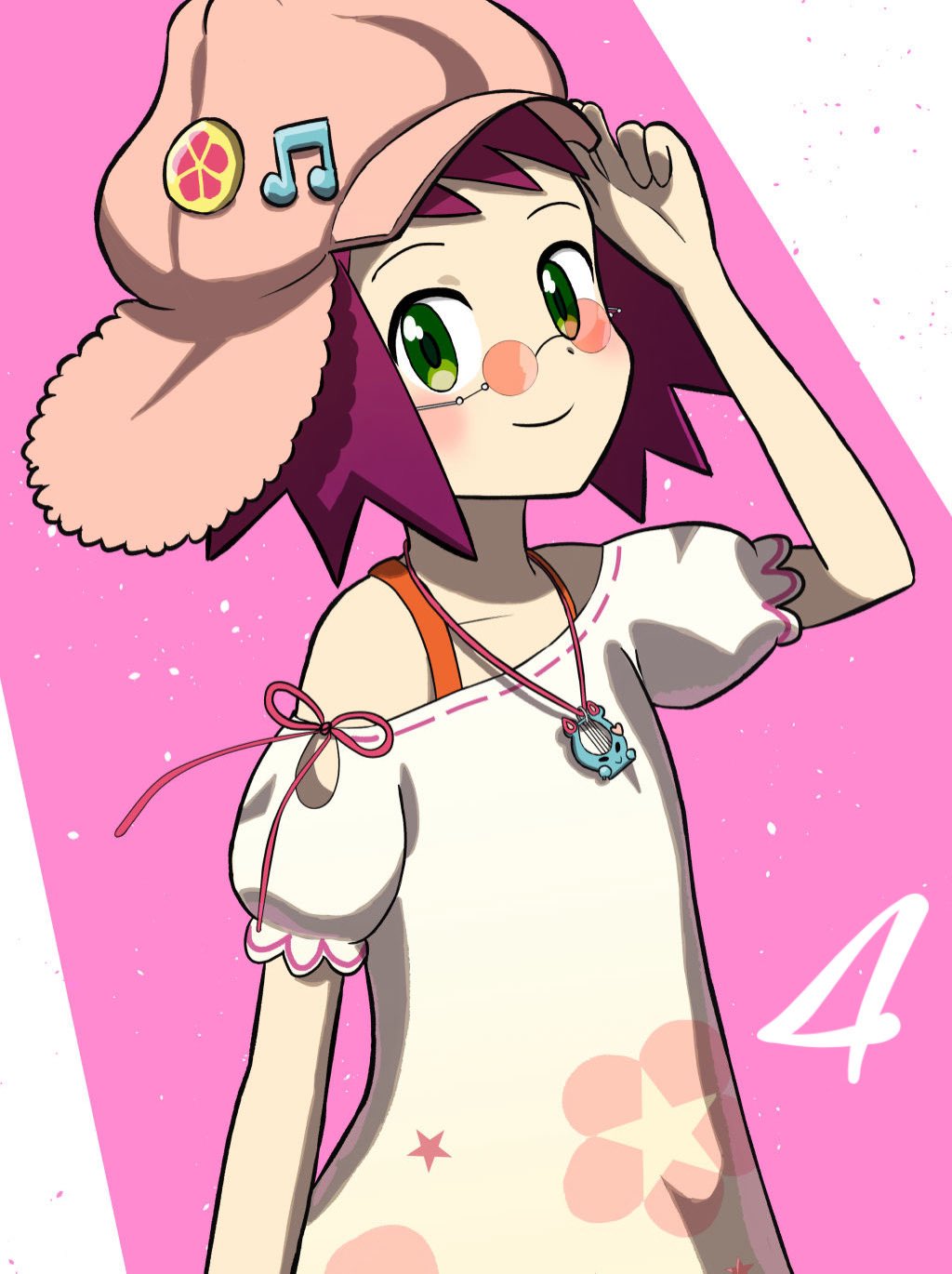 1girl, bare_shoulders, character_charm, charm_(object), closed_mouth, dress, glasses, green_eyes