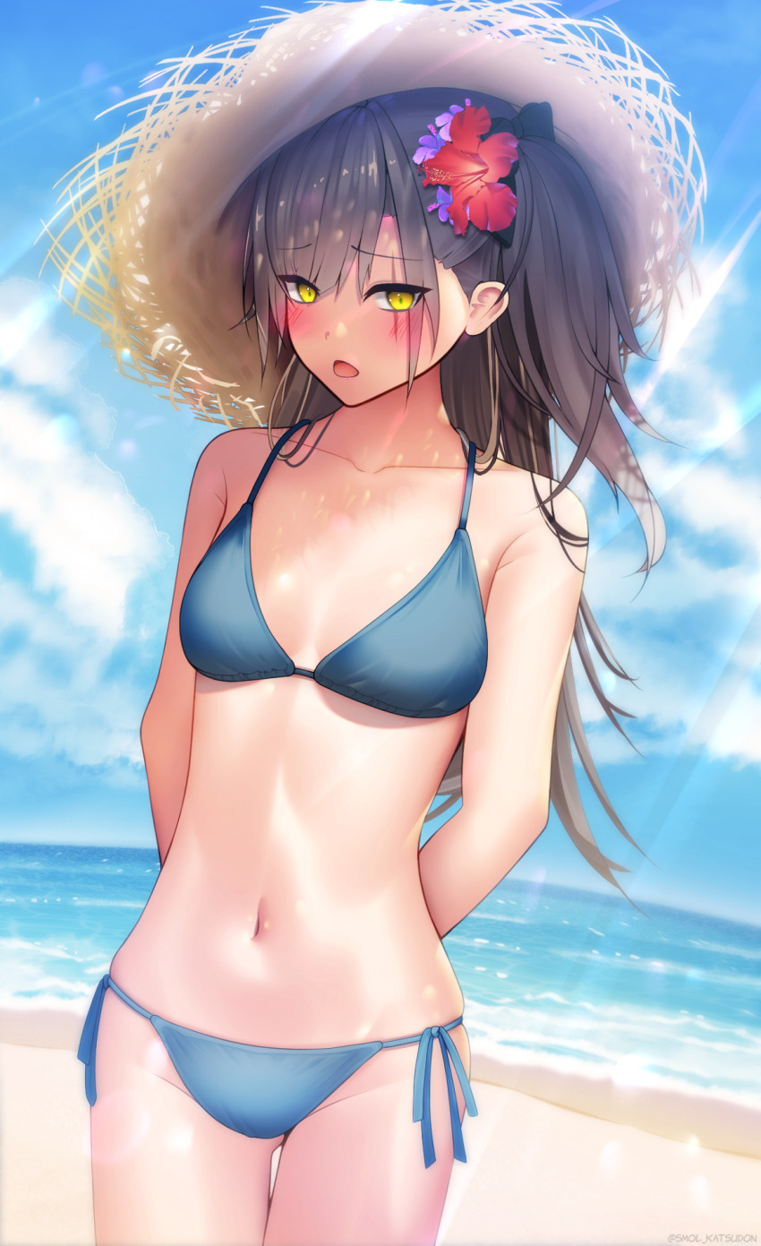 1girl, 45sensei, alternate_breast_size_(larger), alternate_costume, arms_behind_back, beach, bikini, black_bow