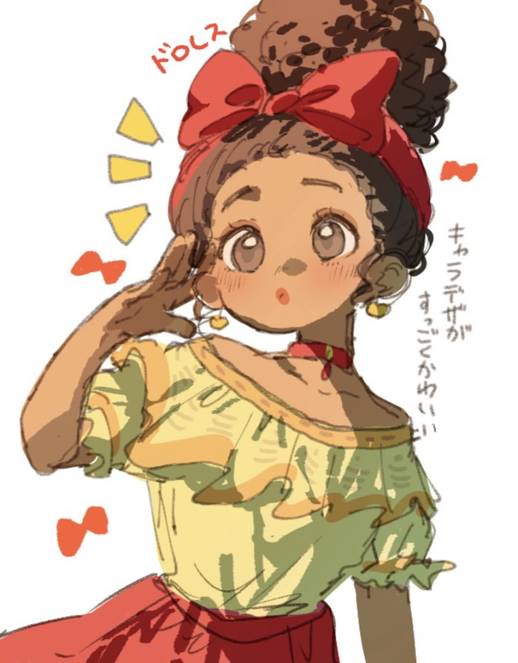 1girl, afro, arepa, bow, brown_eyes, brown_hair, choker, colombian_clothes