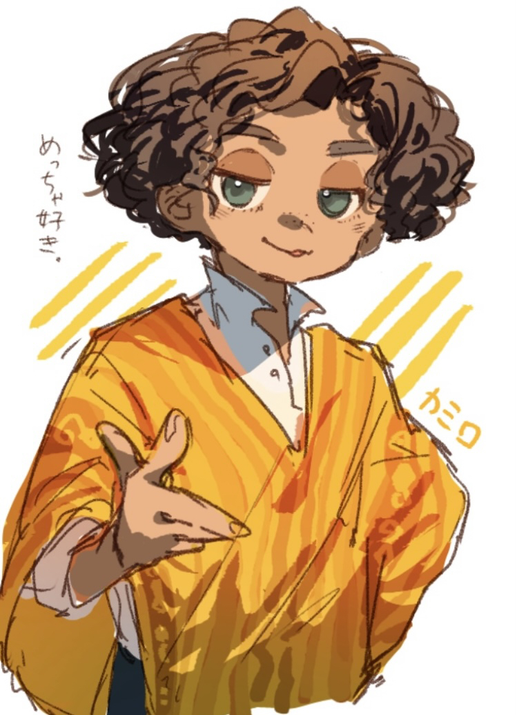 1boy, afro, animification, arepa, brown_eyes, brown_hair, camilo_madrigal, colombian_clothes, curly_hair, dark-skinned_male, dark_skin, egdk7454, encanto, male_focus, poncho, shirt, short_hair, simple_background, smile, solo, yellow_poncho