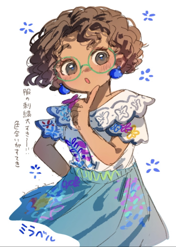 1girl, animification, arepa, back, brown_eyes, brown_hair, colombian_clothes, curly_hair, dark-skinned_female, dark_skin, earrings, egdk7454, embroidery, encanto, glasses, green-framed_eyewear, hourglass_print, jewelry, mirabel_madrigal, round_eyewear, shirt, short_hair, simple_background, thick_eyebrows, translation_request, upper_body, white_background