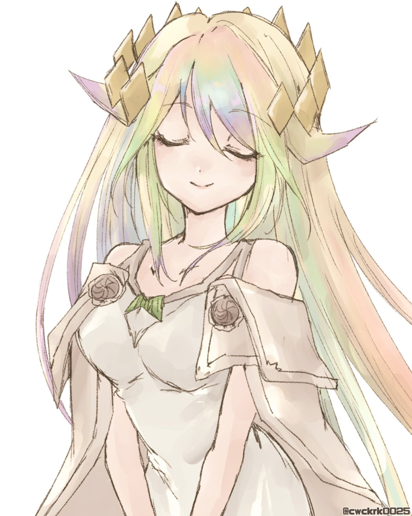 1girl, bare_shoulders, breasts, closed_eyes, dress, duel_monster, eyelashes, hair_ornament