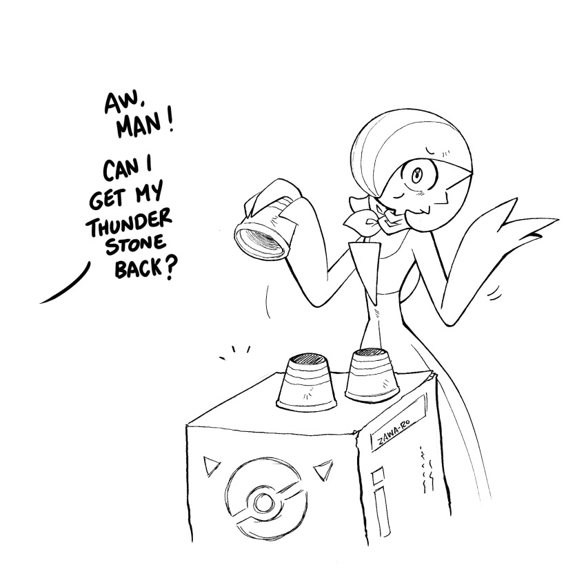1girl, artist_name, bob_cut, cup, dress, gardevoir, gen_3_pokemon, hair_over_one_eye