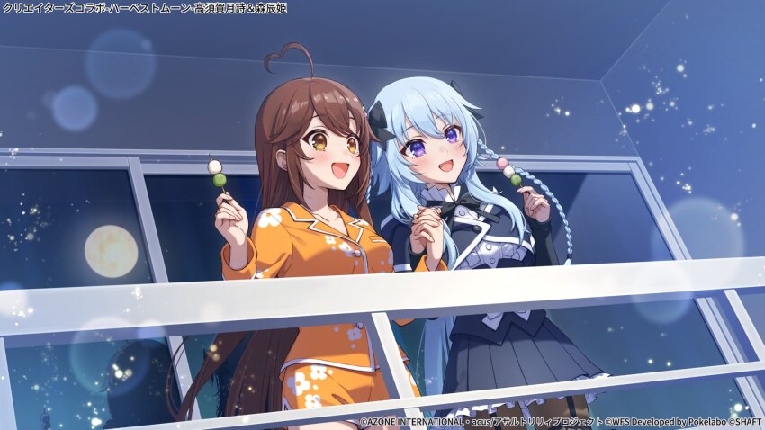 2girls, :d, ahoge, assault_lily, balcony, black_bow, black_skirt, blue_hair