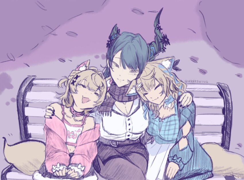 animal_ear_fluff, animal_ears, asymmetrical_horns, bench, black_hair, blonde_hair, blue_hair, breasts, cleavage, cuddling, demon_horns, dog_ears, dog_girl, dog_tail, fuwawa_abyssgard, hair_ornament, hanaswing, highres, hololive, hololive_english, horns, long_hair, mococo_abyssgard, mole, mole_under_eye, multicolored_hair, multiple_girls, nerissa_ravencroft, park_bench, pink_hair, scarf, siblings, streaked_hair, tail, twins, two-tone_hair, uneven_horns, virtual_youtuber