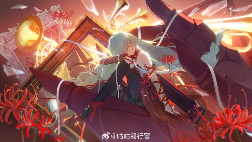 1girl, absurdres, arm_on_knee, bandaged_arm, bandages, bare_shoulders, black_pantyhose, braid