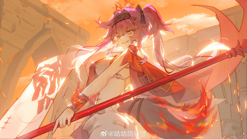 1girl, absurdres, black_bow, bow, breasts, from_side, guguge, hair_between_eyes, hair_bow, hairband, highres, holding, holding_polearm, holding_weapon, long_hair, looking_to_the_side, lupa_(wuthering_waves), medium_breasts, metal_hairband, missing_commentary, orange_sky, outdoors, pants, parted_lips, pink_hair, polearm, red_pupils, red_sash, sash, sky, smile, solo, tacet_mark_(wuthering_waves), tail, v-shaped_eyebrows, weapon, white_pants, wolf_tail, wrist_guards, wuthering_waves, yellow_eyes