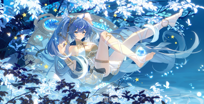 1girl, absurdres, ahoge, ancient_greek_clothes, arm_up, bare_shoulders, barefoot, black_skirt