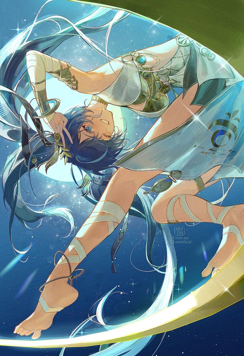 1girl, armlet, bare_shoulders, barefoot, bent_over, blue_eyes, blue_hair, breasts