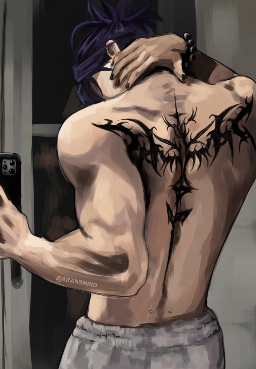 1boy, absurdres, aransmind, back, back_piercing, back_tattoo, bead_bracelet, beads, black_hair, black_nails, bracelet, cellphone, choso_(jujutsu_kaisen), cowboy_shot, cyber_sigilism, from_behind, grey_pants, hand_on_own_neck, head_down, highres, holding, holding_phone, ibispaint_(medium), indoors, iphone, jewelry, jujutsu_kaisen, pants, phone, selfie, smartphone, sweatpants, tattoo, twitter_username