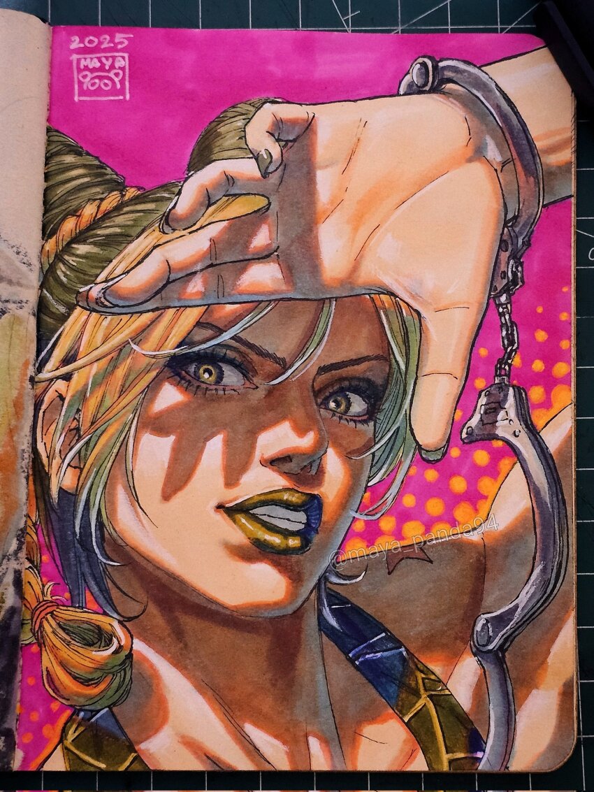 1girl, art_tools_in_frame, birthmark, blonde_hair, braid, braided_bun, braided_ponytail, bun_with_braided_base