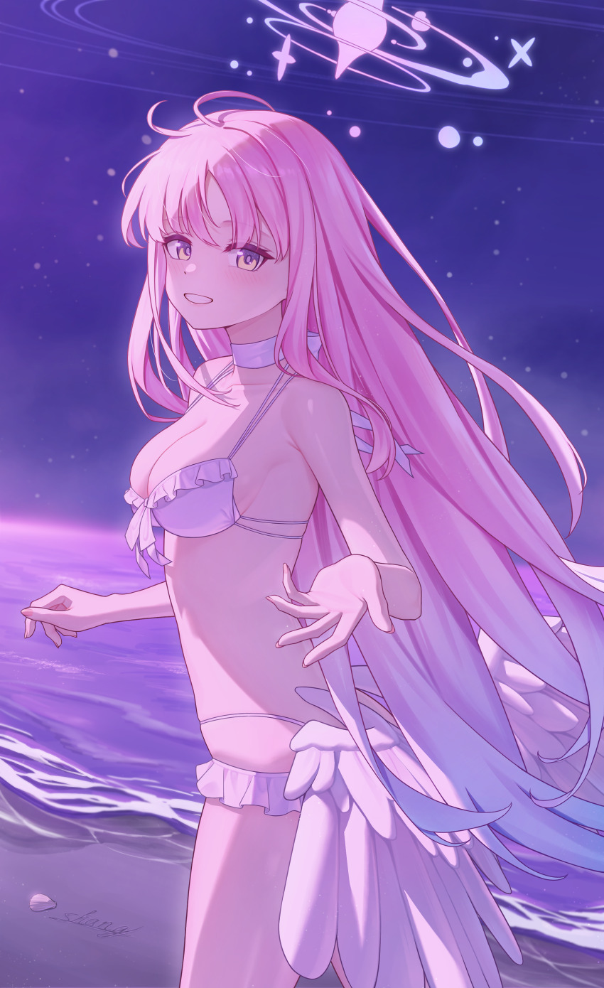 1girl, absurdres, angel_wings, bikini, blue_archive, blush, breasts, cleavage