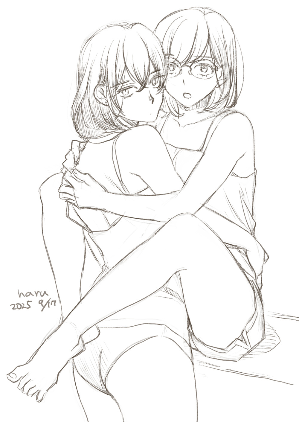 2girls, :o, akiyama_haru, artist_name, dated, glasses, hand_on_another's_back, hand_on_another's_waist