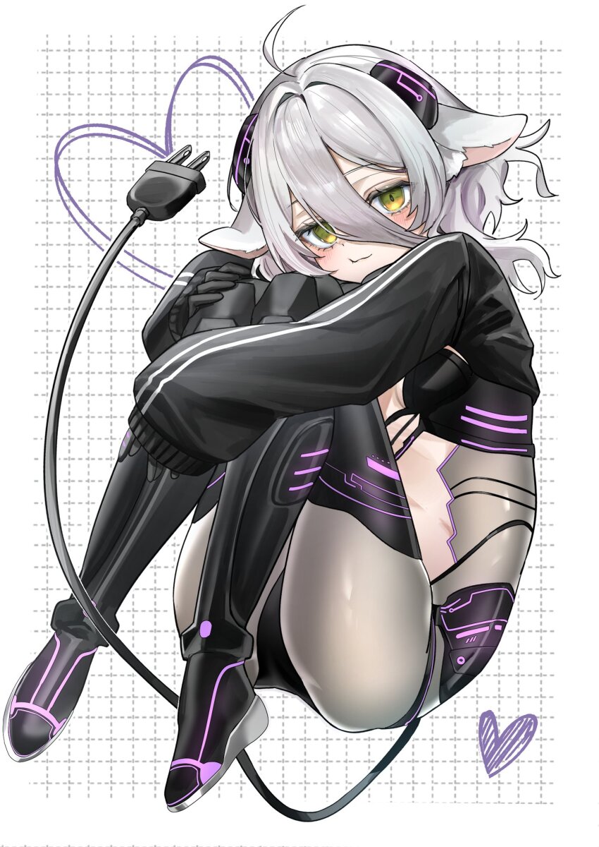 1girl, ahoge, animal_ears, black_gloves, black_shoes, black_shrug, black_thighhighs, closed_mouth