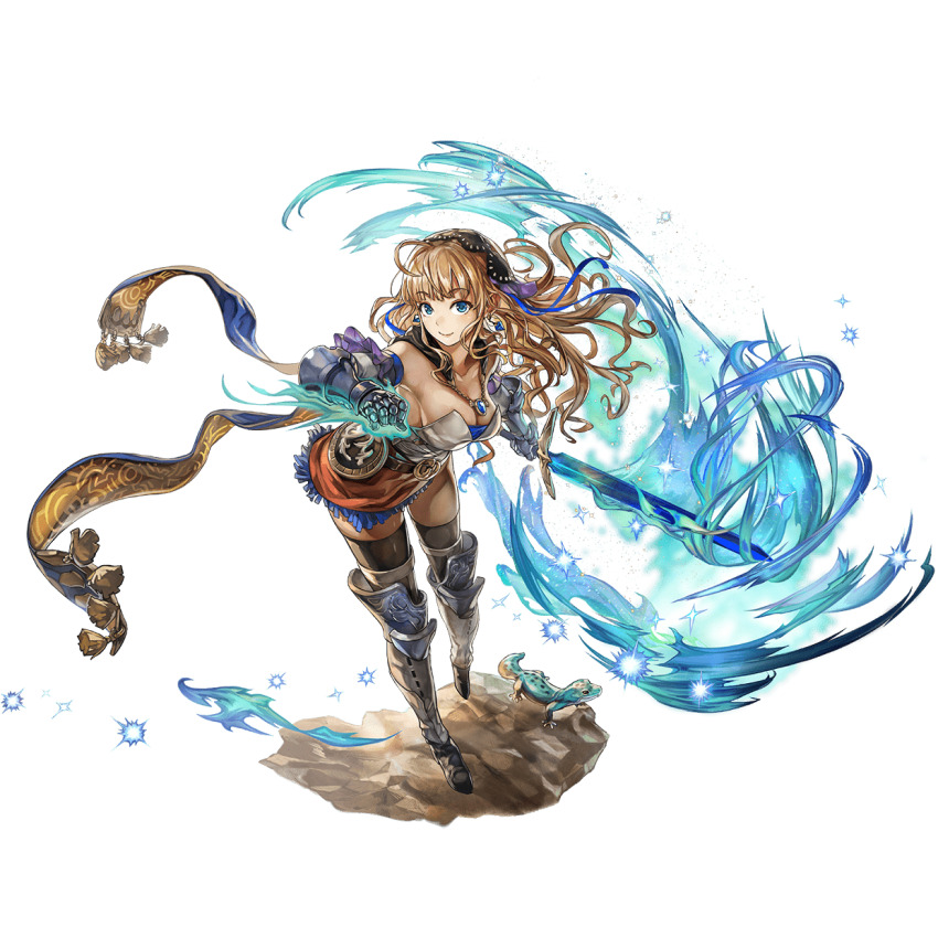 1girl, another_eden, another_eden_art_team, armpits, bare_shoulders, bent_over, black_thighhighs, blonde_hair