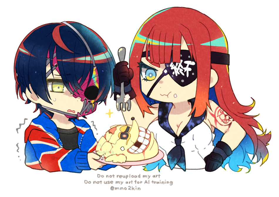 2girls, :t, arm_tattoo, biohazard_symbol, black_hair, black_shirt, blue_eyes, breasts