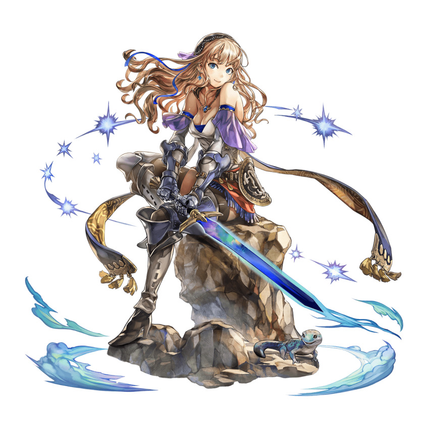 1girl, another_eden, another_eden_art_team, bare_shoulders, black_thighhighs, blonde_hair, blue_eyes, blue_ribbon