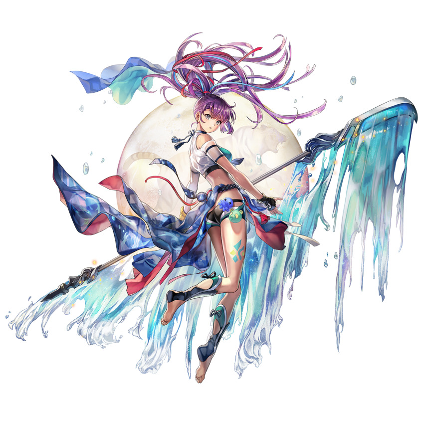 1girl, another_eden, another_eden_art_team, black_gloves, black_shorts, blue_choker, blue_eyes, blue_ribbon, blue_sash, blush, breasts, choker, fingerless_gloves, foran_(another_eden), from_side, full_body, gloves, grey_eyes, highres, holding, holding_polearm, holding_weapon, large_breasts, long_hair, looking_at_viewer, moon, narrow_waist, octopus, official_art, open_mouth, panda, parted_lips, polearm, ponytail, purple_hair, red_ribbon, ribbon, rope, sash, short_shorts, shorts, sidelocks, silhouette, solo, swimsuit, thighhighs, tiger, water, weapon, wet