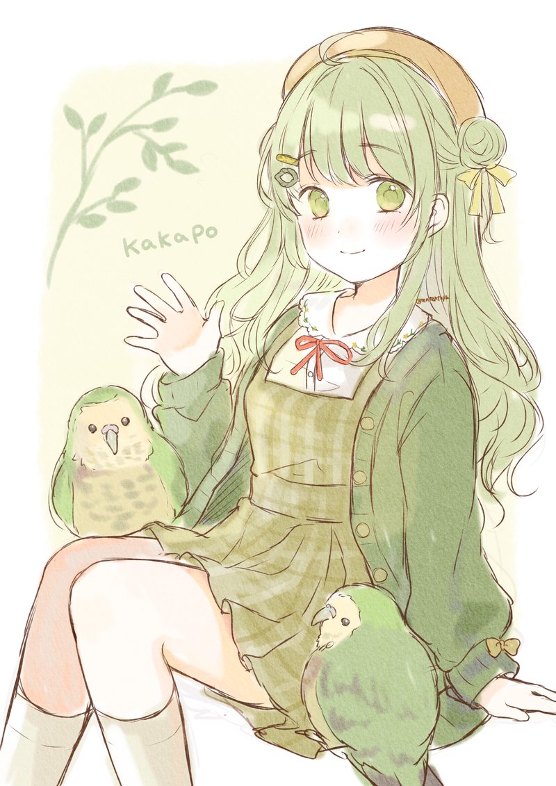 1girl, ahoge, animal, animal_name, beret, bird, blush, border