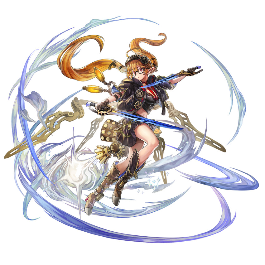 1girl, another_eden, another_eden_art_team, black-framed_eyewear, black_jacket, black_ribbon, black_skirt, blue_eyes