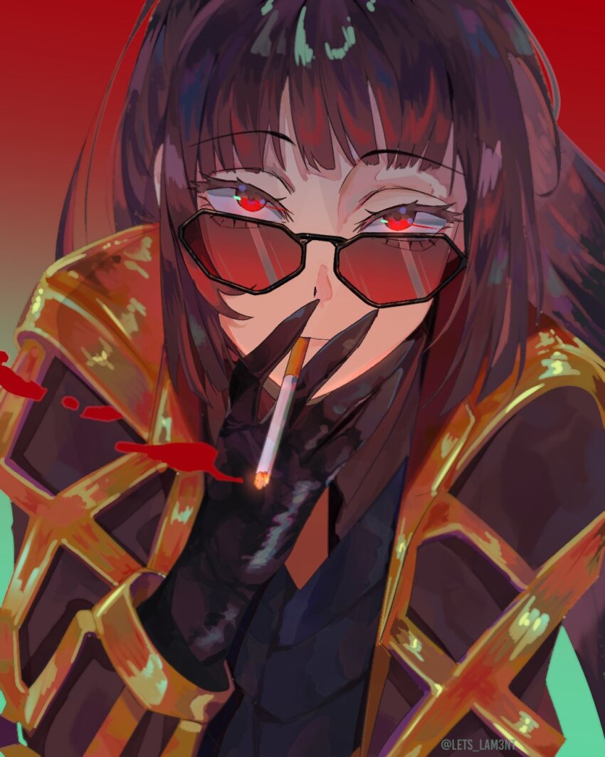 1girl, black_gloves, black_hair, black_vest, cigarette, coat, contempt_awe_(e.g.o), e.g.o_(project_moon)