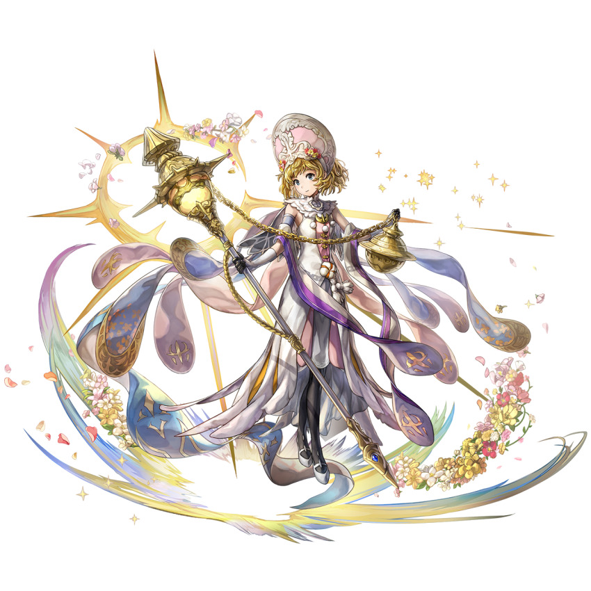 1girl, another_eden, another_eden_art_team, black_pantyhose, blonde_hair, blue_eyes, blush, closed_mouth