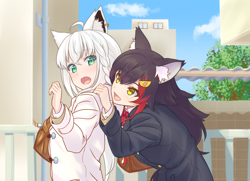 2girls, :o, absurdres, ahoge, animal_ear_fluff, animal_ears, bag, black_hair