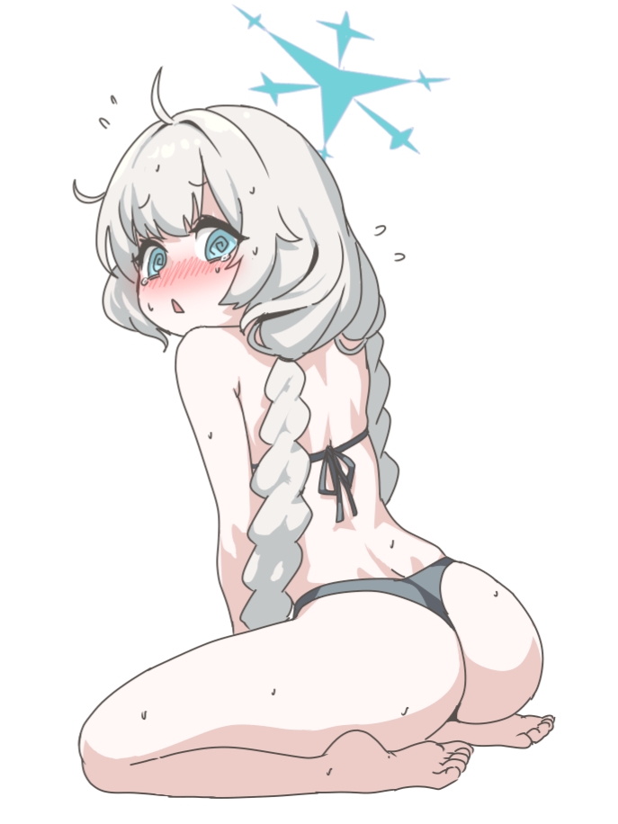 1girl, @_@, ahoge, ass, bikini, black_bikini, blue_archive, blue_eyes