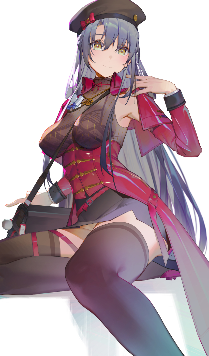 1girl, absurdres, beret, black_hair, black_thighhighs, blush, bow, breasts, brown_eyes, brown_hat, chinese_commentary, closed_mouth, commentary_request, girls'_frontline, girls'_frontline_2:_exilium, hat, hat_bow, highres, lewis_(girls'_frontline), lewis_(girls'_frontline_2), long_hair, looking_at_viewer, red_bow, ren_huozhe, simple_background, sitting, smile, solo, thighhighs, white_background